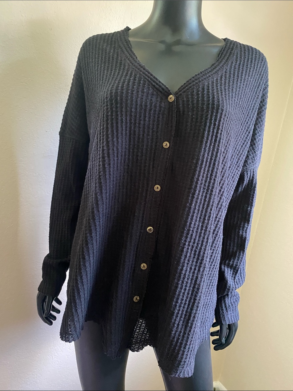 Wishlist Black Ribbed V-Neck Button Sweater  Cardigan
